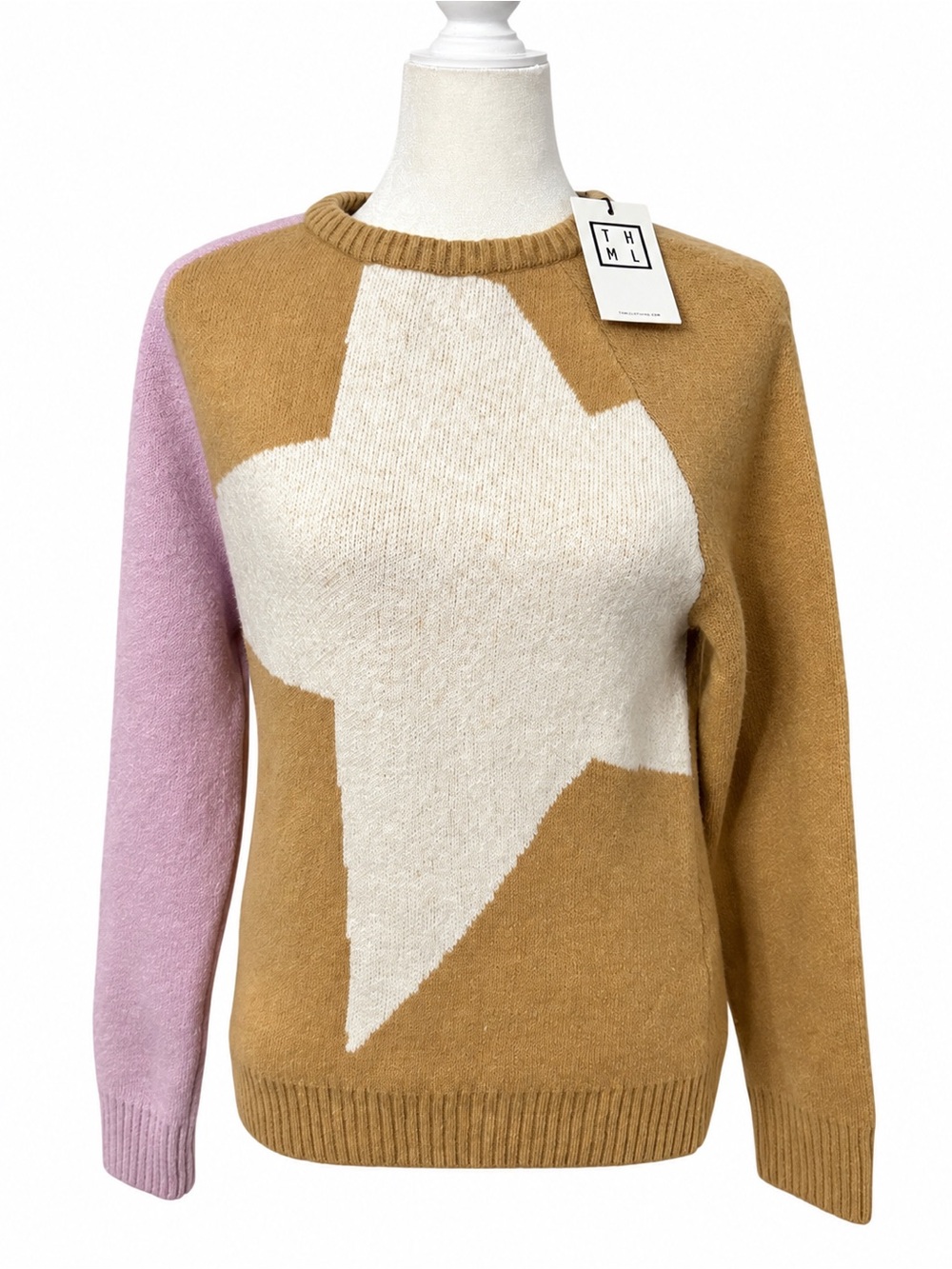 THML Colorblock Sweater XS Tan Cream Pink Geometric Knit NWT